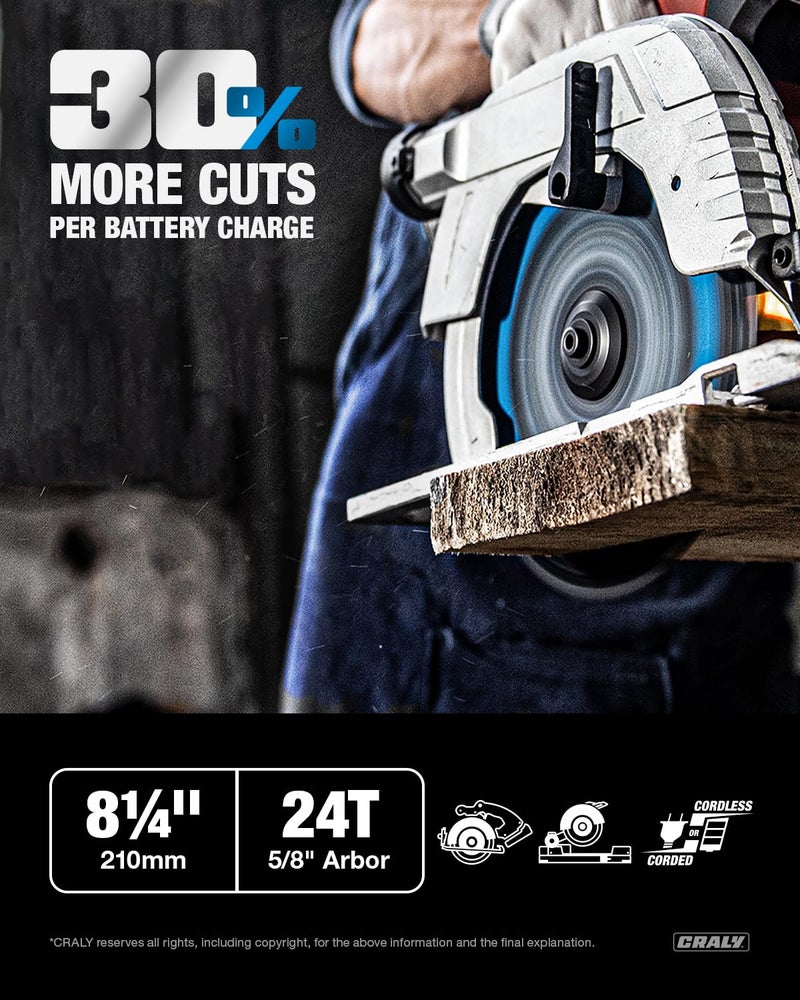 CRALY 8-1/4 Inch 24 Teeth Wood Cutting Framing Circular Saw Blade, 5/8 Inch Arbor, Carbide Tipped, Thin Kerf, Black Ice™ Coating, for Plywood, MDF, OSB, Laminated(C0824FR) - Image 2